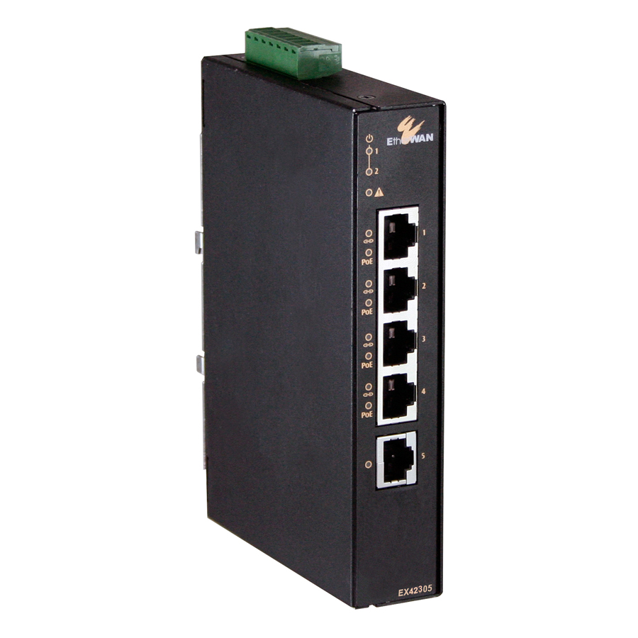 EX42300 Series Hardened Unmanaged 4-port 10/100BASE (4 x PoE) + 1-port 10/100/1000BASE-T + 1-port 1000BASE-X Gigabit Ethernet Switch