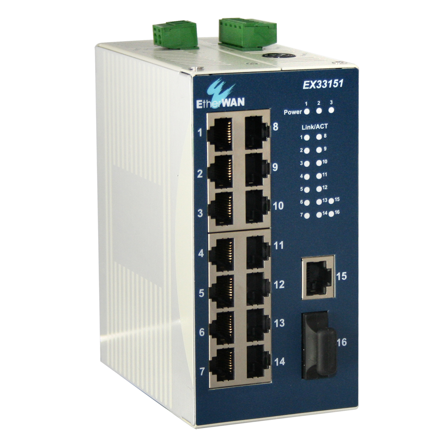 16-Port Industrial Network Switch, Gigabit, Unmanaged, DIN Mount