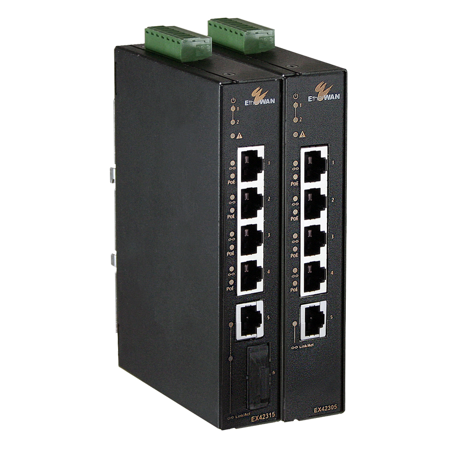 EX42300 Series Hardened Unmanaged 4-port 10/100BASE (4 x PoE) + 1-port 10/100/1000BASE-T + 1-port 1000BASE-X Gigabit Ethernet Switch