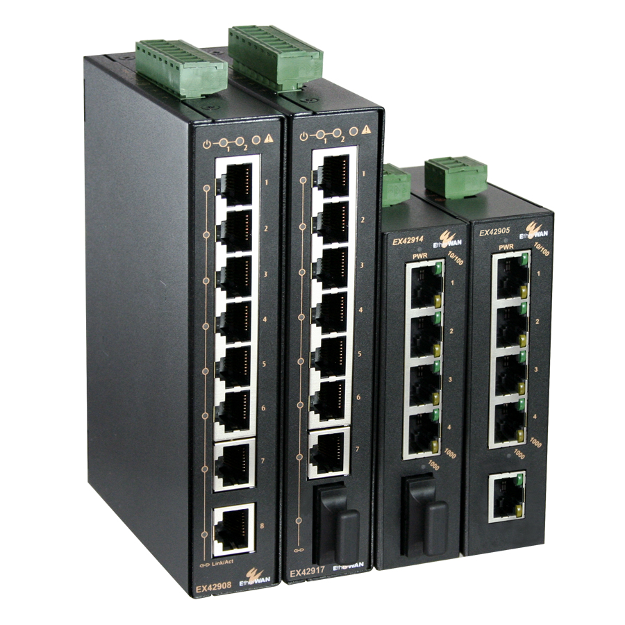 EX42900 Series Hardened Unmanaged 5 to 8-port 10/100/1000BASE-T and 1-port 1000BASE-X Gigabit Ethernet Switch