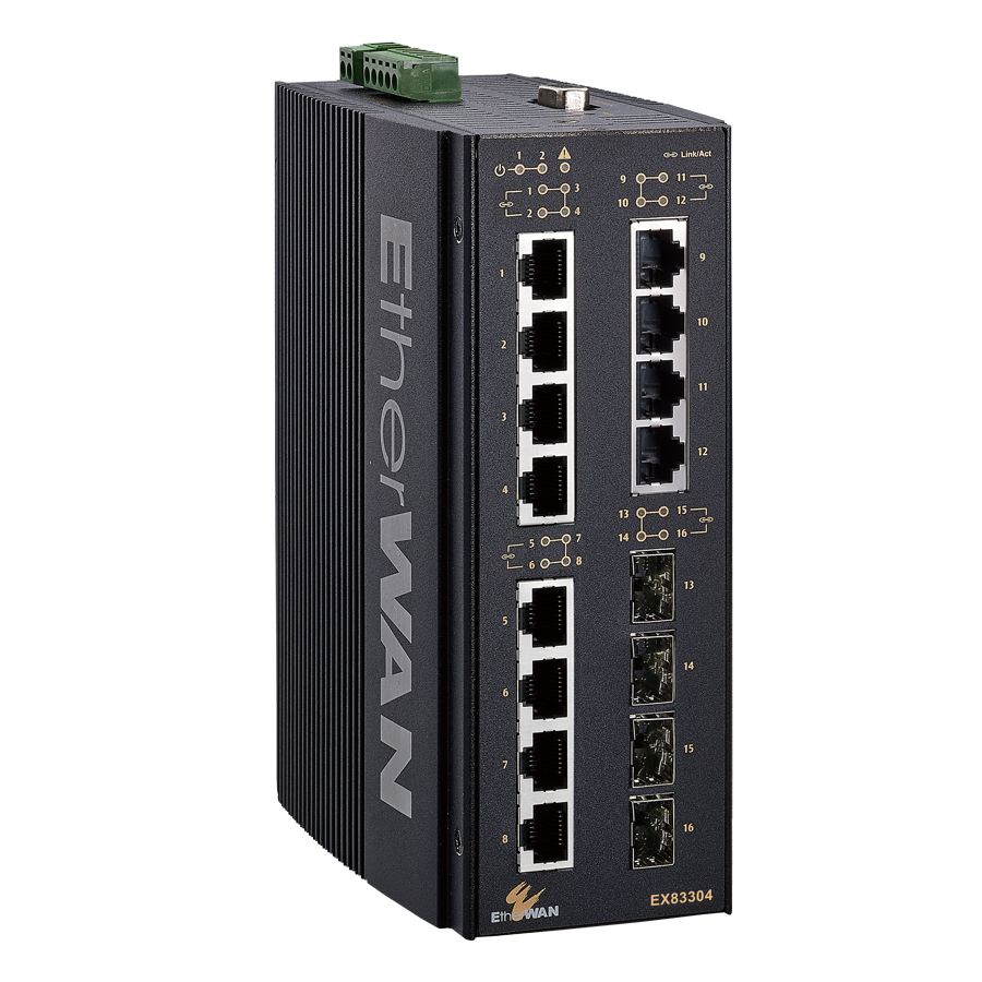 EX83304 Series IEC 61850-3/IEEE 1613 Lite L3 Hardened Managed 12-port 10/100BASE and 4-Port Gigabit Ethernet Switch